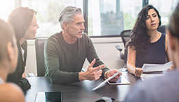 A group of professionals in discussion at a meeting